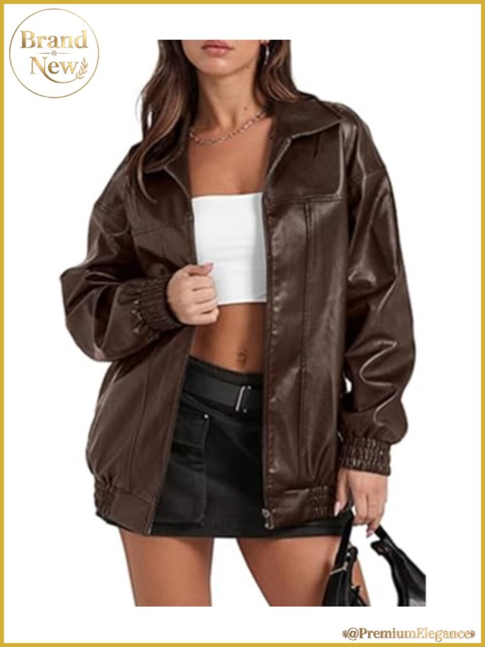 Women's PU Leather Jacket Long Sleeve Turn Down Collar Zip Faux Leather Bomber